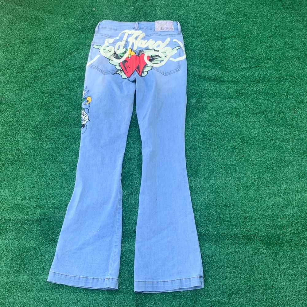 Ed Hardy Light Blue Flared Embroidered Jeans with Heart Motif
